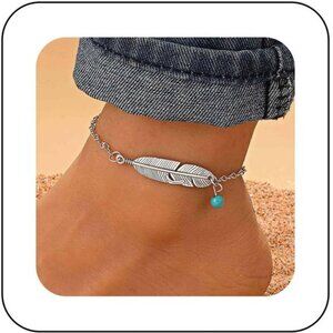 Bohemian Feather Turquoise Ankle Chain Bracelet Silver Feather Ankle Bracelet
